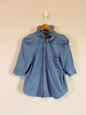 KMJ Kate McHale Jensen Southern Lover Denim  Ruffle Collar Puff Sleeve Top Sz M